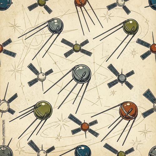  A retro, seamless pattern featuring vintage illustrations of early satellites like Sputnik. A mid-century, space-age design for science fiction and history themes.. Vector illustration