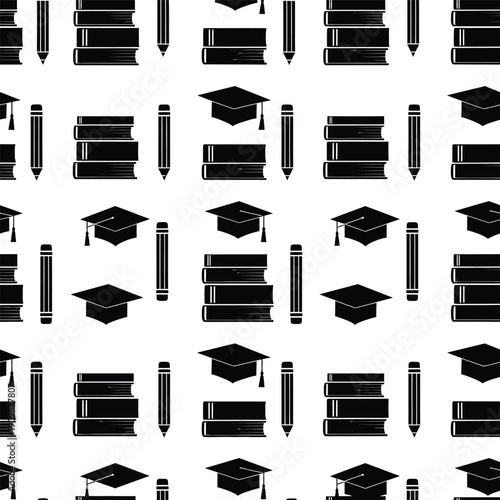 Graduation caps and books pattern on white background