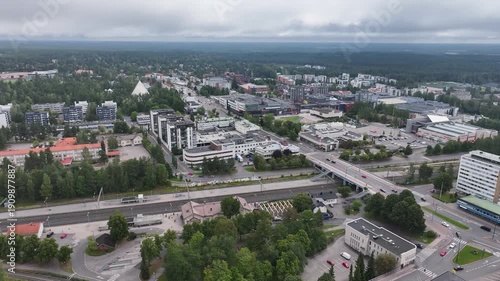 Hyvinkää Finland city center aerial at summer, Hyvinkää Finland train station aerial at summer