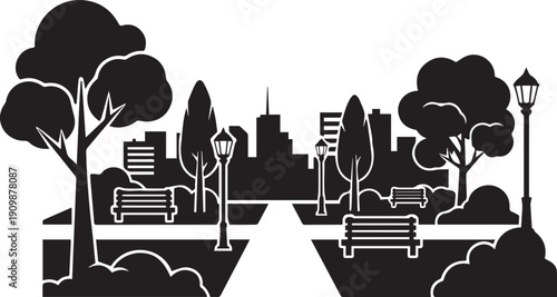 City park landscape with trees benches lampposts and distant skyline as silhouette