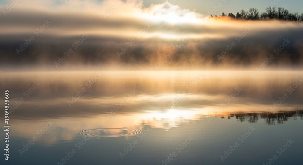 Obraz premium Serene Morning Mist Rising Over Calm Lake Water at Sunrise