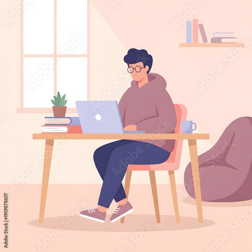 Flat illustration of student working on laptop at desk, cozy home interior, soft pastel light