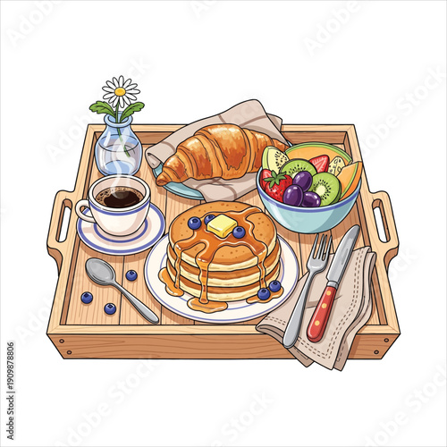 Breakfast tray with pancakes croissant coffee and fruit