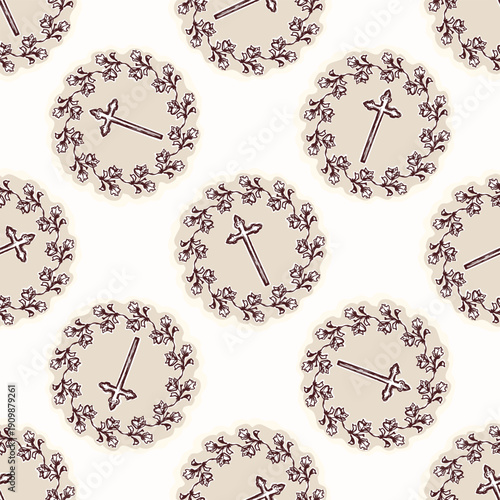 Christian cross seamless vector pattern. Hand drawn religious crucifix vintage illustration for wallpaper background. Catholic symbol all over print. 
