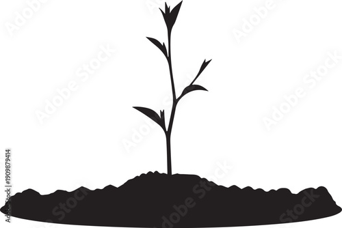 Young sapling silhouette on a mound of earth, vector illustration, minimalist design