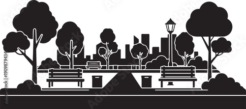 Urban public park scene with cityscape background trees benches lamp post vector illustration