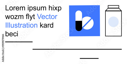 Healthcare, pharmaceutical services, medicine, prescriptions, drug packaging, and health education. Minimalist design pills and a container. Healthcare and pharmaceutical concepts