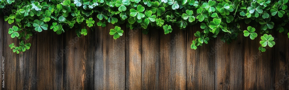 Clover leaves form a lush garland draped across a rustic wooden wall, creating a festive ambiance perfect for decor. The vibrant greens contrast beautifully with the warm wood tones
