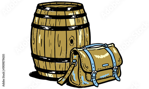 Old wooden barrel and leather satchel bag illustration. Vintage cask and school baggage drawing in cartoon style, isolated on white.
