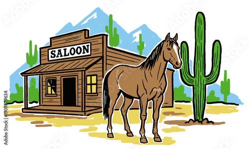 Western Saloon and Horse Illustration. Wild West graphic print with cactus and mountains in retro cartoon style for sticker, poster, or t-shirt.