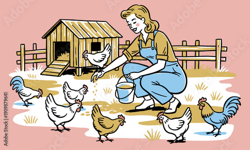 Retro illustration of a woman feeding chickens near a coop. Vintage style farm life, agriculture, and poultry keeping design element.