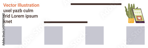 Web design, user interface, publishing, template creation, digital planning, and organization. A layout with a cactus plant, mobile device and text placeholders. Web design and user interface