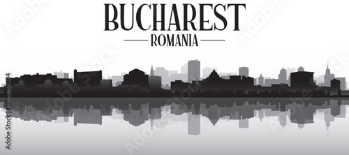 Black and white panoramic poster of the city skyline with misty background buildings and water reflection of BUCHAREST, ROMANIA