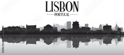Black and white panoramic poster of the city skyline with misty background buildings and water reflection of LISBON, PORTUGAL