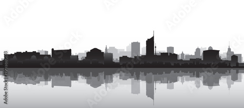 Black and white panoramic poster of the city skyline with misty background buildings and water reflection of VIENNA, AUSTRIA