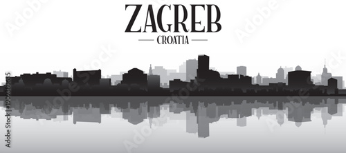 Black and white panoramic poster of the city skyline with misty background buildings and water reflection of ZAGREB, CROATIA