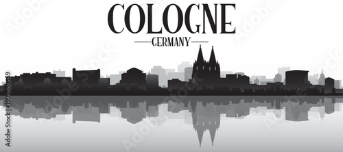 Black and white panoramic poster of the city skyline with misty background buildings and water reflection of COLOGNE, GERMANY