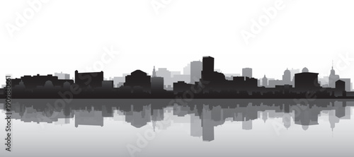 Black and white panoramic poster of the city skyline with misty background buildings and water reflection of ZAGREB, CROATIA
