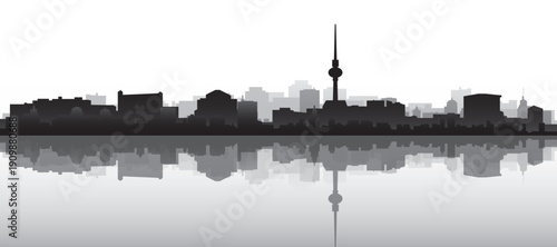 Black and white panoramic poster of the city skyline with misty background buildings and water reflection of BERLIN, GERMANY