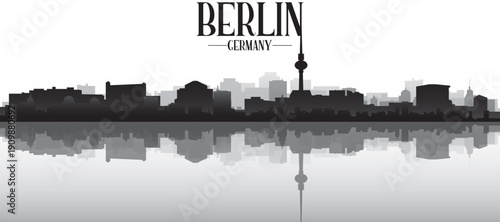 Black and white panoramic poster of the city skyline with misty background buildings and water reflection of BERLIN, GERMANY