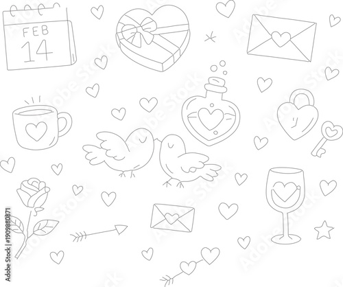 Valentine’s Day doodle icon set scattered on a plain white background