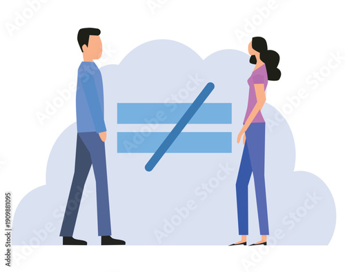 Gender inequality and sex discrimination. Uneven salary for same work and wage difference from sexism. Unequal woman and man such as career, work or social rights issue