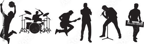 Black Silhouettes of a Musical Band Performing on Stage with Instruments and Microphones