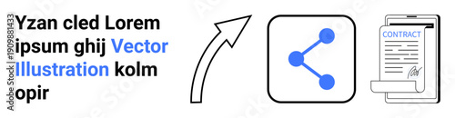 Business development, digital sharing, online agreements, communication, networking, collaboration. A share icon and signed contract with connecting elements. Digital sharing and business development