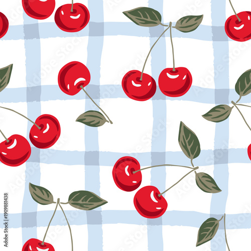 Red cherry, blue gingham, white background. Vector illustration. Seamless pattern. Summer trendy design. Garden berries