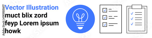 Productive planning, idea management, organizational tools, checklist creation, goal tracking, task prioritization. Light bulb paired with checklists. Idea management and productive planning concept