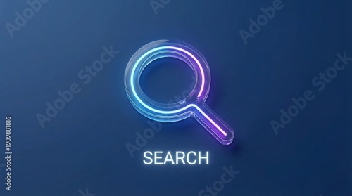 Glowing neon magnifying glass with search text on blue background magnify enlarged