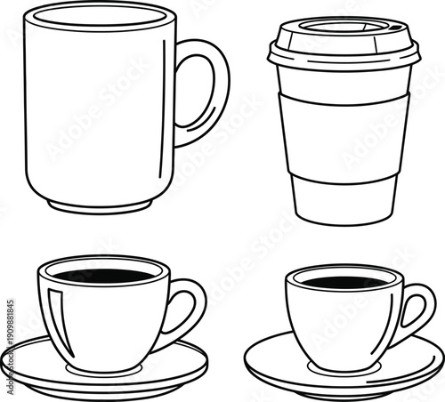 A simple line drawing of four different coffee containers and cups on saucers.