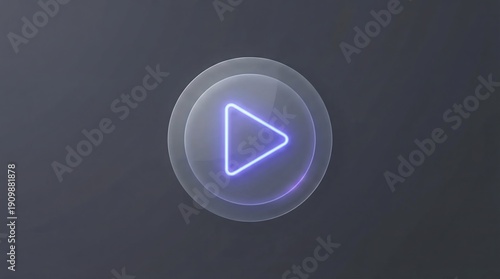 Glowing purple play button on a dark background with translucent circles neon