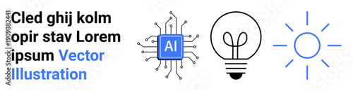 Technology, artificial intelligence, sustainable energy, creativity, innovation, digital transformation. ion of AI chip, light bulb and sun. Technology and artificial intelligence concept