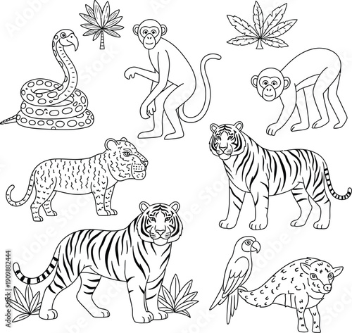 A collection of simple line drawings featuring various animals and a person.