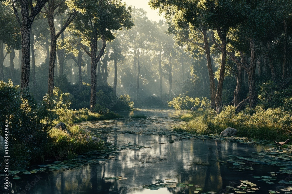 Obraz premium Serene morning light filters through trees beside a tranquil lake in a lush forest