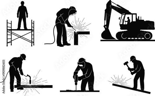 Silhouette icon set of industrial workers welding metal, excavator operator, man on scaffolding, blacksmith hitting anvil, and construction site engineering. (22 words)
