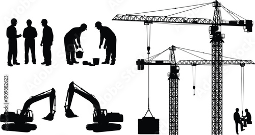 Silhouette set of construction site activities featuring tower cranes, excavators, builders in hard hats, heavy machinery, and industrial engineering development.