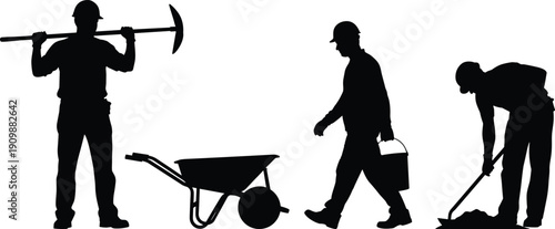Silhouette of construction workers with pickaxe, shovel and wheelbarrow, manual laborers working on building site, industrial maintenance and repair service.