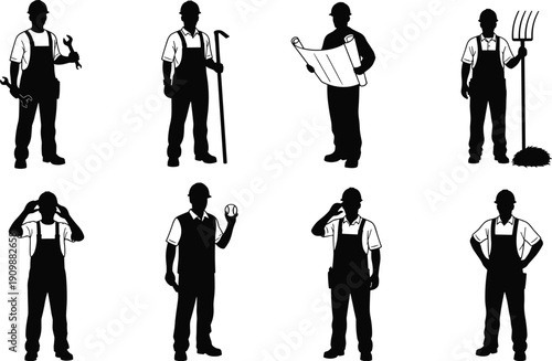 Silhouette icon set of construction workers with tools, holding blueprint, wrench, pitchfork, and crowbar, industrial labor service and maintenance engineering.