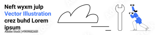 Technology management, cloud computing, problem-solving, innovation, technical support, troubleshooting. A cloud shape, wrench and individual searching. Cloud computing and technical support