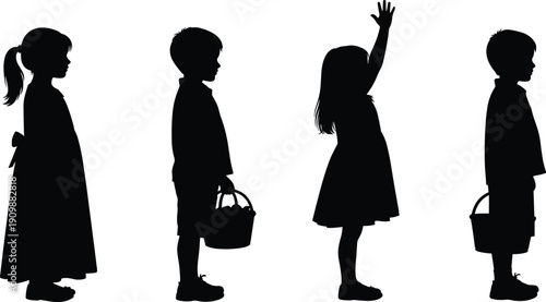 Silhouette of children standing in line, boy holding basket, girl with hand raised, kids side profile, childhood and primary education vector.