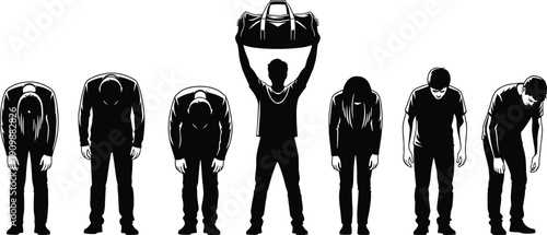 Silhouette set of people bowing in respect, Japanese apology culture, gratitude gesture, person lifting heavy duffel bag above head, mourning.