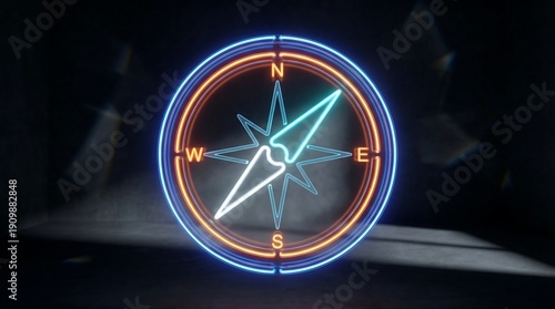 Neon compass with glowing blue and orange lights on dark background navigation