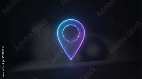 Glowing blue and purple neon map pin on a dark background location