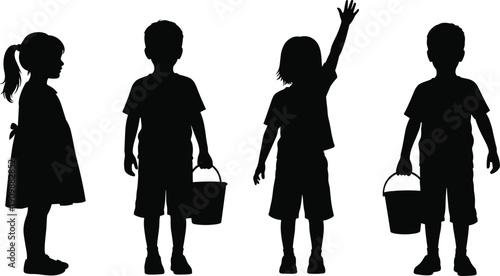 Black silhouette set of children standing, boy carrying bucket, girl with ponytail, kids playing, childhood education and youth activity vector.