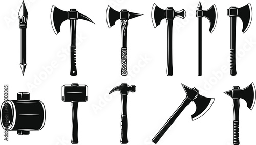 Silhouette icon set of medieval battle axes, hatchets, hammers, and construction tools for carpentry, wood splitting, masonry and historical weapon design.