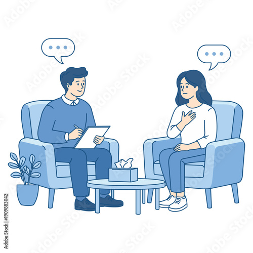 Male psychiatrist taking notes while listening to a concerned woman patient during a psychotherapy session in a clinic. Flat vector illustration