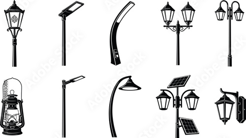 Set of street lamp icons, urban outdoor lighting, modern LED street lights, vintage lanterns, solar powered poles and wall lamps.