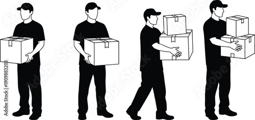 Silhouette set of delivery man carrying cardboard boxes for shipping, moving house service, courier holding parcels and freight transportation logistics